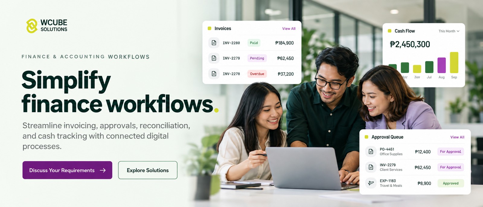 Finance colleagues with illustrative cash flow and approval dashboards.